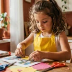 Jeune fille concentrée sur une activité créative de bricolage à la maison, entourée de matériaux colorés sur une table en bois