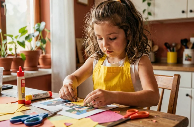 Jeune fille concentrée sur une activité créative de bricolage à la maison, entourée de matériaux colorés sur une table en bois