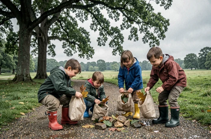 Groupe d'enfants en plein air participant à une chasse aux trésors nature dans un parc verdoyant, activité ludique et éducative