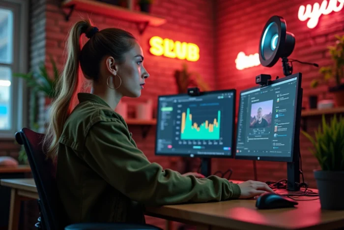 Une créatrice de contenu dans un studio moderne montant des micro-contenus vidéo pour une agence de marketing spécialisée