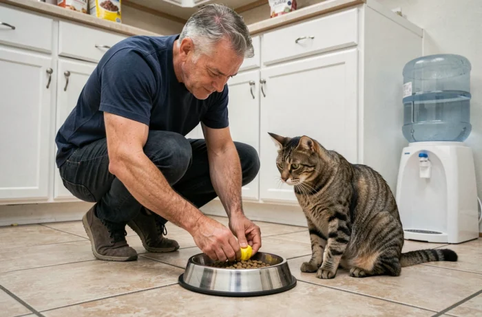 Homme préparant la ration alimentaire de son chat dans une cuisine moderne, alimentation saine pour animaux de compagnie