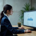Professionnelle analysant des données de mots clés sur un écran Google pour atteindre la première page des résultats de recherche