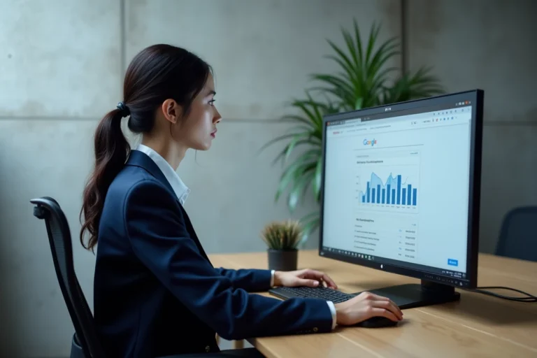 Professionnelle analysant des données de mots clés sur un écran Google pour atteindre la première page des résultats de recherche
