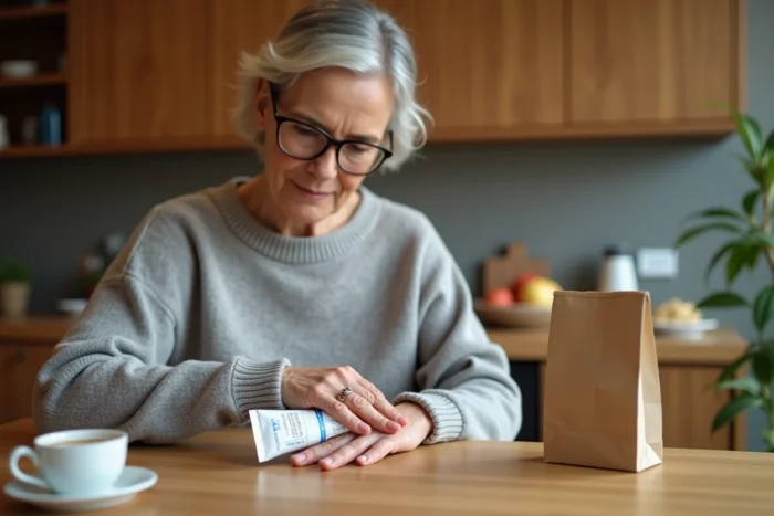 Femme âgée appliquant une crème dermatologique médicale sur sa main à la maison