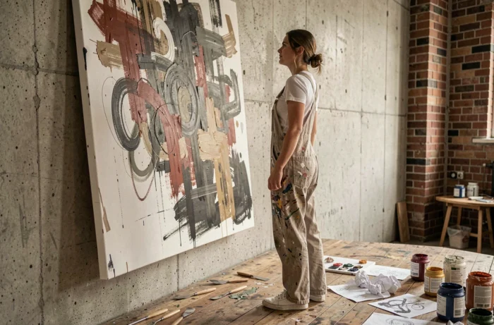 Jeune artiste contemporaine examinant une grande toile abstraite dans son atelier urbain aux murs en béton brut