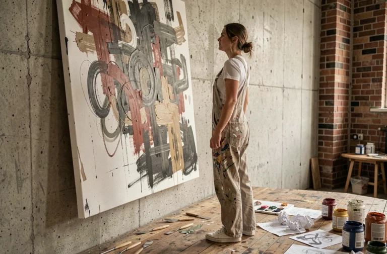 Jeune artiste contemporaine examinant une grande toile abstraite dans son atelier urbain aux murs en béton brut