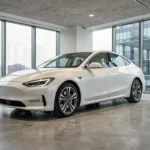 Berline électrique moderne exposée dans un showroom automobile au design épuré avec façade vitrée urbaine