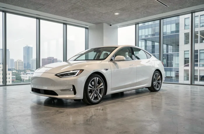 Berline électrique moderne exposée dans un showroom automobile au design épuré avec façade vitrée urbaine