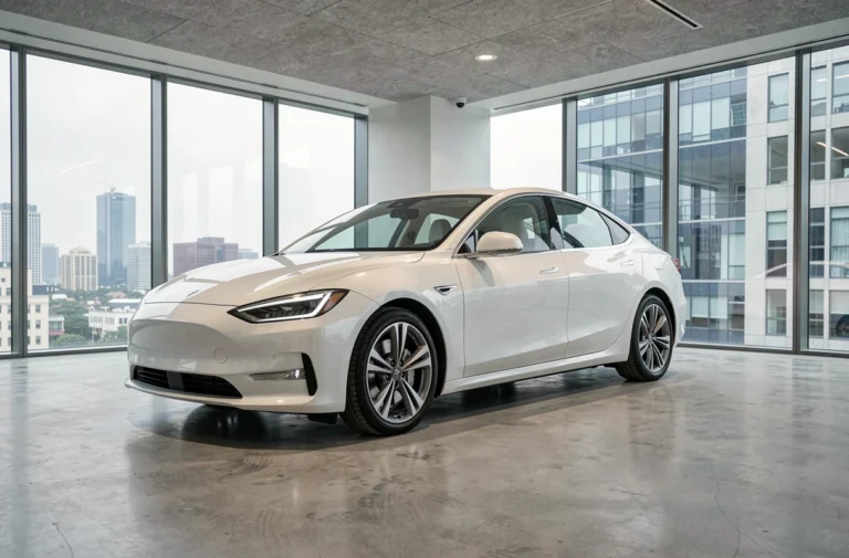 Berline électrique moderne exposée dans un showroom automobile au design épuré avec façade vitrée urbaine