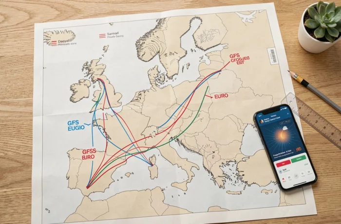 Vue aérienne d'une carte météo imprimée de l'Europe annotée comparant les trajectoires des modèles GFS et Euro