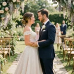 Couple de mariés partageant un moment intime lors d'une cérémonie de mariage en jardin avec arche florale et décor champêtre français
