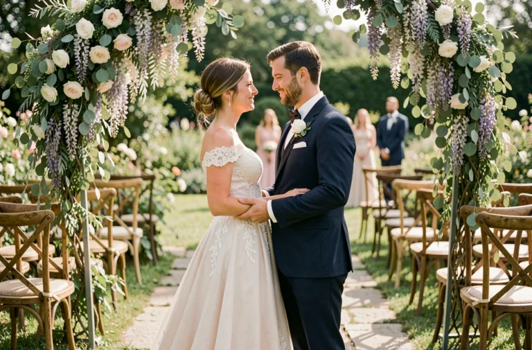 Couple de mariés partageant un moment intime lors d'une cérémonie de mariage en jardin avec arche florale et décor champêtre français