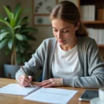 Femme remplissant un formulaire de changement d'adresse pour la Banque Postale à son bureau à domicile