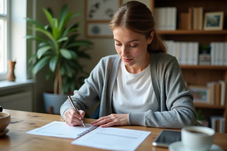 Femme remplissant un formulaire de changement d'adresse pour la Banque Postale à son bureau à domicile