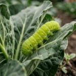 Chenille verte fluo sur une feuille de chou au potager, vue en gros plan macro