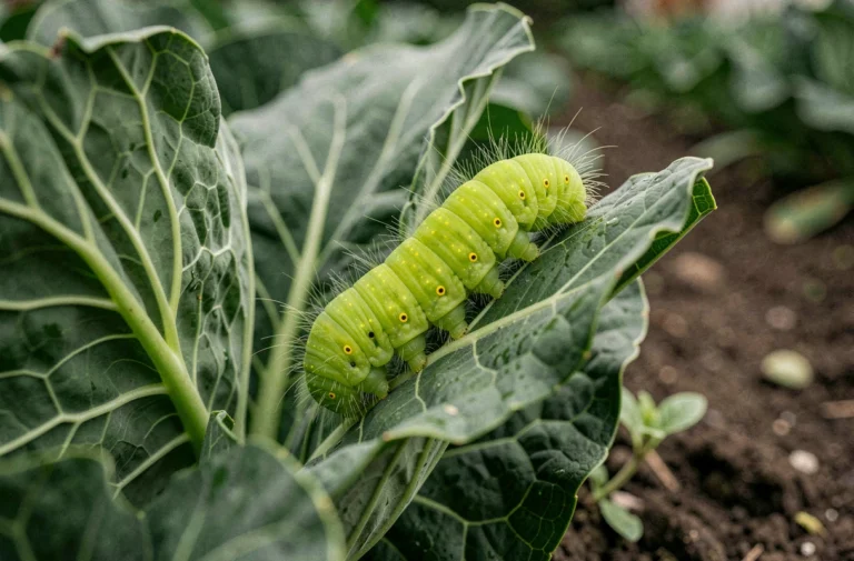 Chenille verte fluo sur une feuille de chou au potager, vue en gros plan macro