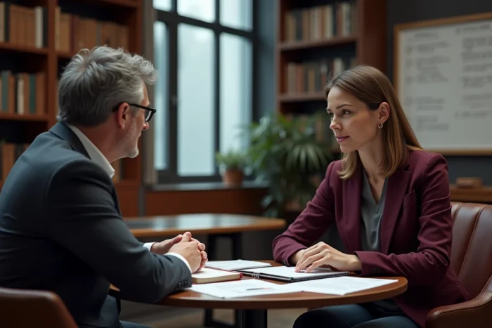 Un coach professionnel spécialisé menant une session de coaching sectoriel avec une cliente dans un bureau privé