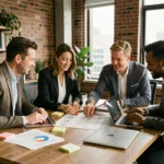 Quatre entrepreneurs collaborant autour d'une table de réunion moderne avec documents et ordinateurs portables