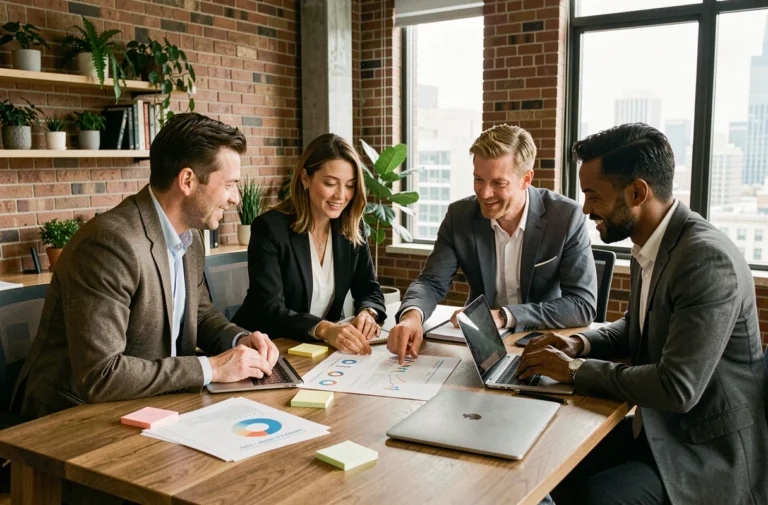 Quatre entrepreneurs collaborant autour d'une table de réunion moderne avec documents et ordinateurs portables