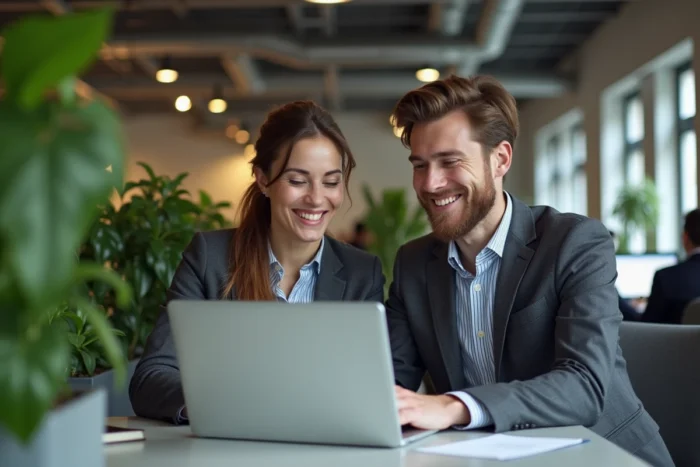 Deux collègues découvrant les fonctionnalités de Rabbit Finder sur ordinateur dans un espace de coworking français