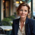 Femme élégante aux cheveux châtains en terrasse de café parisien, style éditorial discret évoquant l'univers d'une personnalité publique discrète