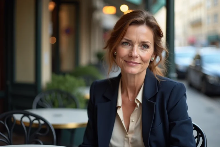 Femme élégante aux cheveux châtains en terrasse de café parisien, style éditorial discret évoquant l'univers d'une personnalité publique discrète