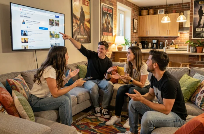 Groupe de jeunes adultes comparant les options de streaming légal sur un téléviseur connecté dans un appartement partagé