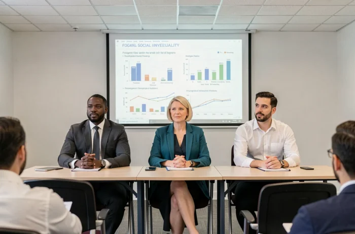 Panel de professionnels présentant des données sur les inégalités sociales lors d'une conférence civique, avec graphiques et solutions affichés à l'écran