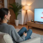 Femme connectant son compte Gmail sur une télévision connectée dans un salon moderne