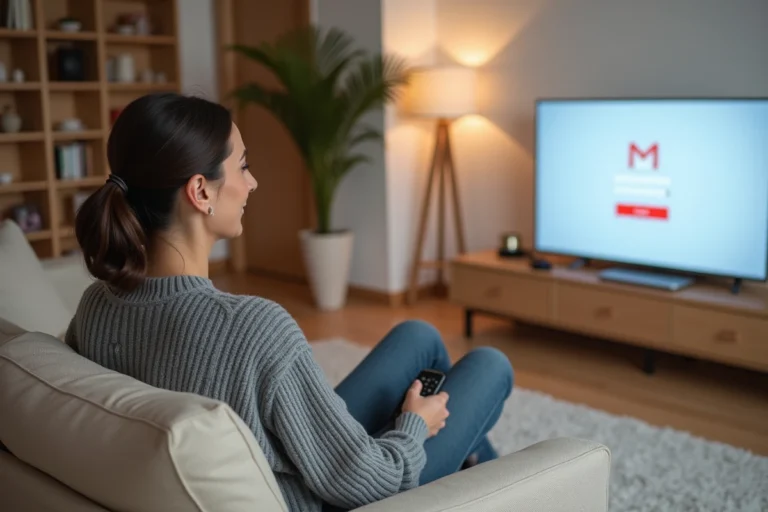 Femme connectant son compte Gmail sur une télévision connectée dans un salon moderne