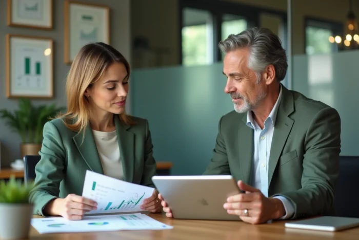 Une conseillère en investissement durable discutant de portefeuilles ESG avec un dirigeant de PME dans un bureau professionnel