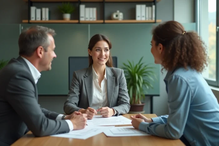 Consultante immobilière présentant un rapport d'expertise de bien immobilier à un couple de clients