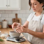 Femme mesurant des ingrédients liquides sur une balance de cuisine numérique pour une recette diététique légère