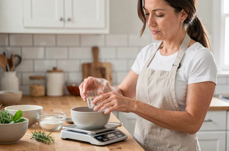 Femme mesurant des ingrédients liquides sur une balance de cuisine numérique pour une recette diététique légère