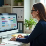 Coordinatrice ADMR gérant un planning hebdomadaire sur le logiciel Philia depuis son bureau administratif