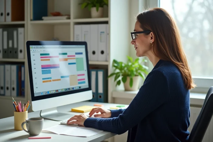 Coordinatrice ADMR gérant un planning hebdomadaire sur le logiciel Philia depuis son bureau administratif