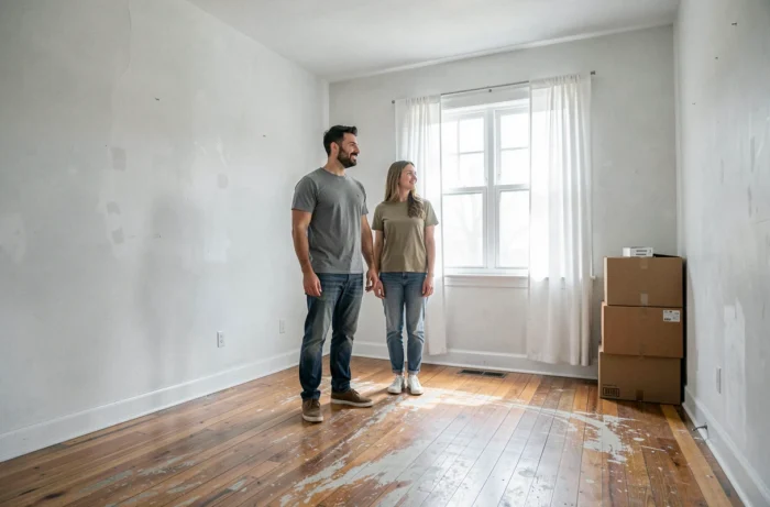 Couple dans un appartement entièrement vidé après un déménagement réussi