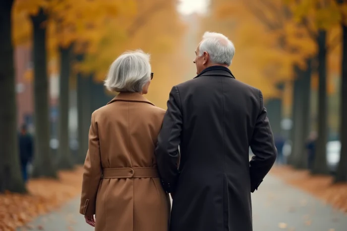 Couple élégant marchant côte à côte sur une avenue parisienne en automne, ambiance feutrée et complice évoquant une relation publique discrète