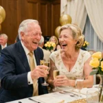 Couple de personnes âgées riant ensemble lors d'une fête de noces d'or entourés de décorations dorées et de fleurs jaunes