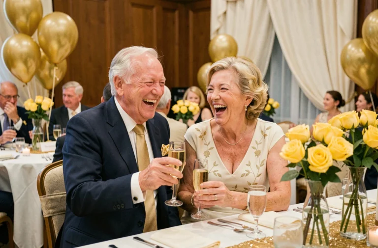 Couple de personnes âgées riant ensemble lors d'une fête de noces d'or entourés de décorations dorées et de fleurs jaunes