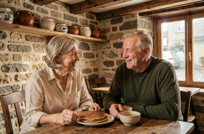 Couple de seniors savourant des galettes de sarrasin et du cidre dans une crêperie traditionnelle bretonne