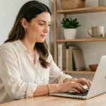 Créatrice de contenu lifestyle travaillant sur son ordinateur portable dans un bureau à domicile élégant et bien organisé