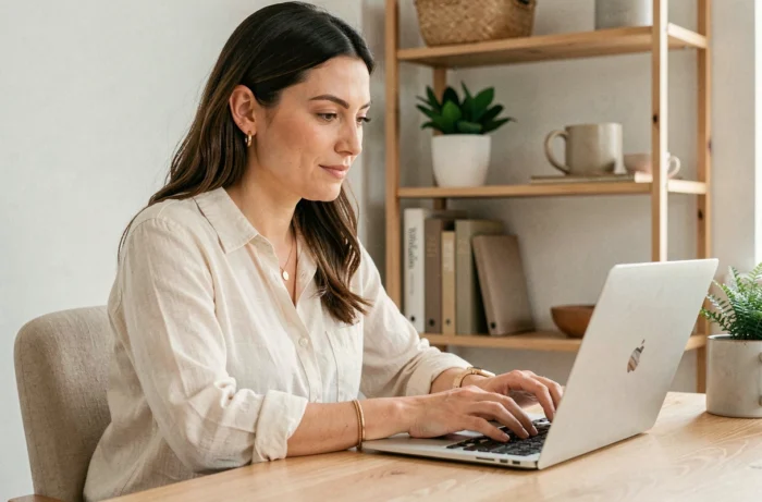 Créatrice de contenu lifestyle travaillant sur son ordinateur portable dans un bureau à domicile élégant et bien organisé