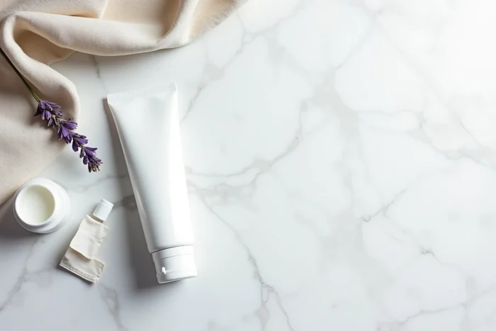 Tube de crème médicale Ialuset sur marbre blanc avec ordonnance et sérum à l'acide hyaluronique