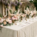 Décoration de table de mariage champêtre avec roses, pivoines et herbes de la pampa dans un jardin de campagne française