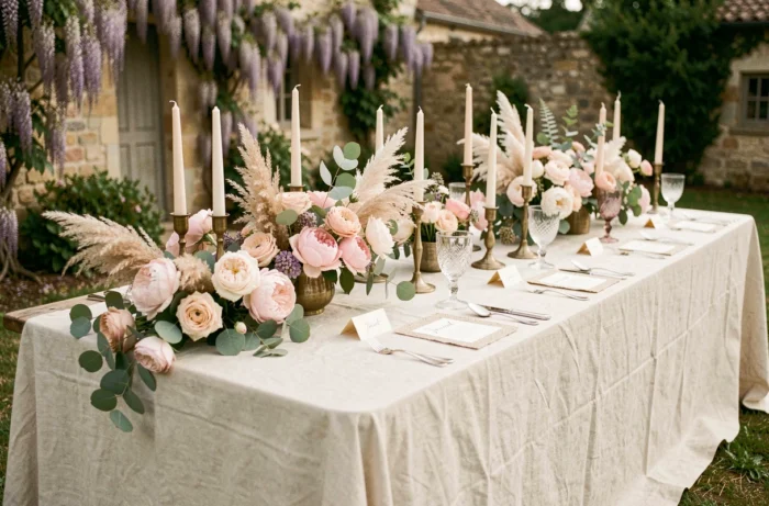 Décoration de table de mariage champêtre avec roses, pivoines et herbes de la pampa dans un jardin de campagne française