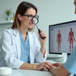 Dermatologue examinant la peau d'un patient avec une crème médicale sur son bureau en cabinet médical