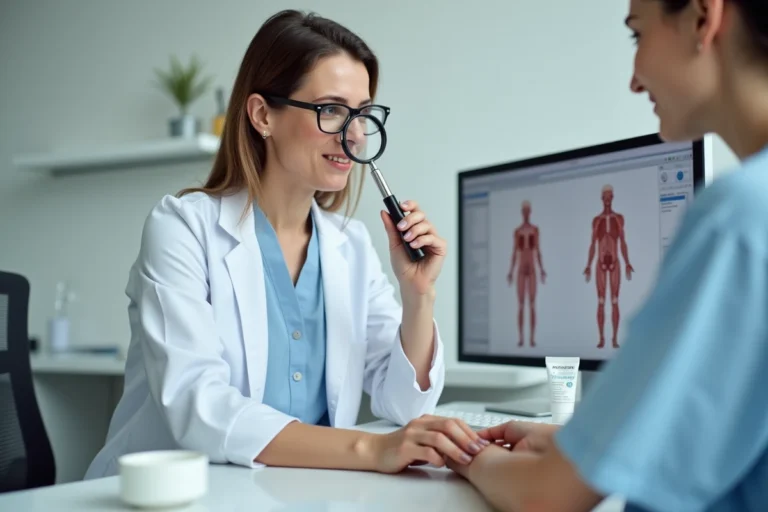 Dermatologue examinant la peau d'un patient avec une crème médicale sur son bureau en cabinet médical