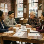 Groupe diversifié d'adultes réunis autour d'une table pour discuter des problèmes sociaux actuels dans un centre communautaire urbain