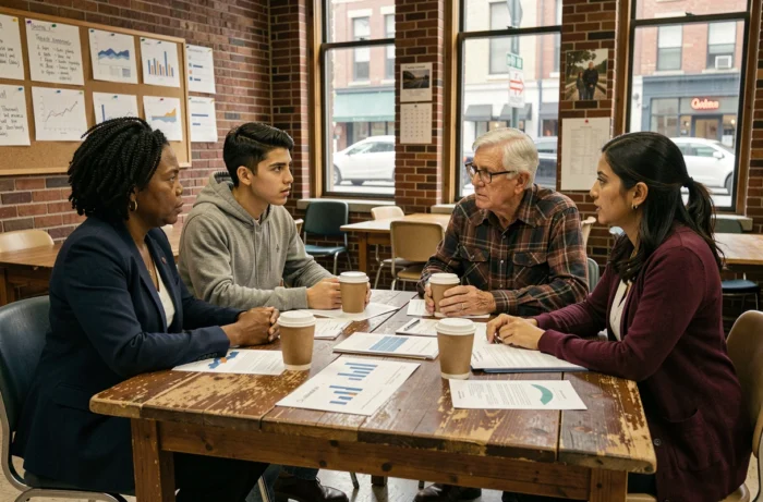 Groupe diversifié d'adultes réunis autour d'une table pour discuter des problèmes sociaux actuels dans un centre communautaire urbain